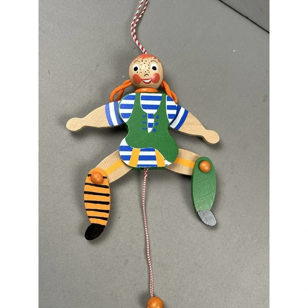 Vtg Original M Gschnitzer Austria Pippi Longstocking Ginger Wood Pull String Toy